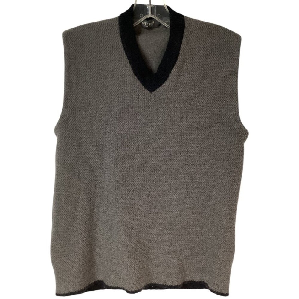 Vintage Guess Classics‎ Gray & Black Merino Wool V-Neck Sweater Vest - Men's XL